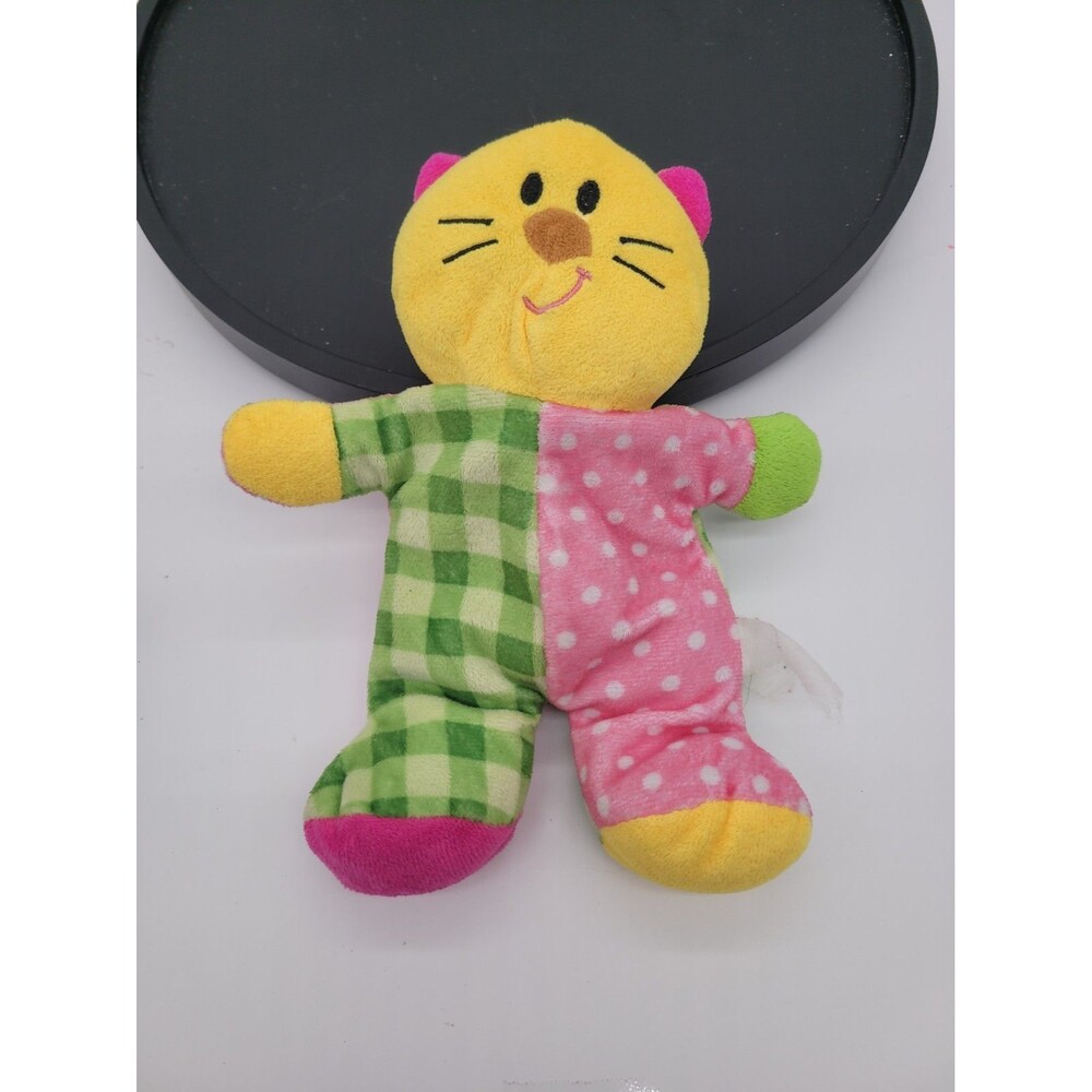 Russ Baby Plush Cat Rattle Jingle Brights Yellow Pink Green Stuffed Toy 10 inch